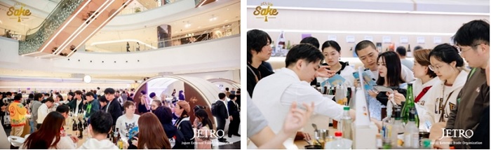 写真　（左）にぎわうプロモーションイベント会場、（右）常設のバーで来場者に酒類を提供（ともにジェトロ撮影）