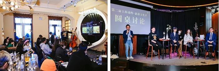 写真　（左）焼酎・泡盛セミナーの様子、（右）トークセッションの様子（ともにジェトロ撮影）