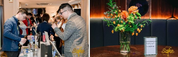 写真　（左）会場で行われた試飲、（右）日本産花卉の展示（ともにジェトロ撮影）