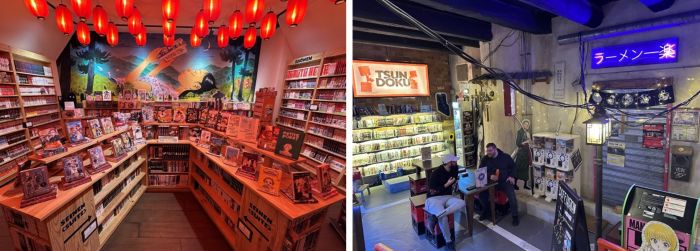 写真　（左）Tsundokuの店舗内、（右）Tsundoku内のカフェスペース（ともにジェトロ撮影）