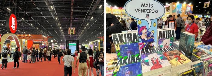 写真　（左）盛況なイベント会場の様子、（右）会場で販売されたマンガ（ともにジェトロ撮影）
