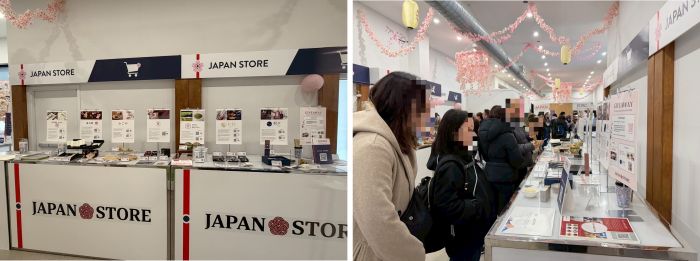 写真　（左）JAPAN STOREブースの出展商品、（右）ブース訪問者（ともにジェトロ撮影）