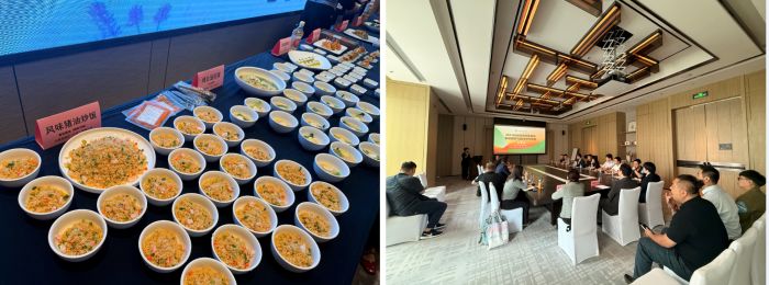 写真　（左）ホテルシェフが開発したメニュー、（右）意見交換会の様子（ともにジェトロ撮影）