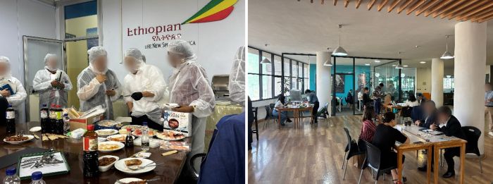 写真　（左）エチオピア航空施設内での試食会の様子、（右）商談会の様子（ともにジェトロ撮影）