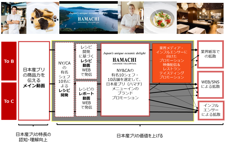 日本産ブリの優れた特長とそれを実現する生産・加工工程を的確に伝えるメイン動画を制作した上で、ブリの価値を上げるため、ニューヨーク並びにカリフォルニアの有名シェフ(10店舗)がレシピを開発し、実際にシェフのレストランでのメニュー提供やレストランでのイベントを実施することで話題化を図るなど、各施策を展開した。