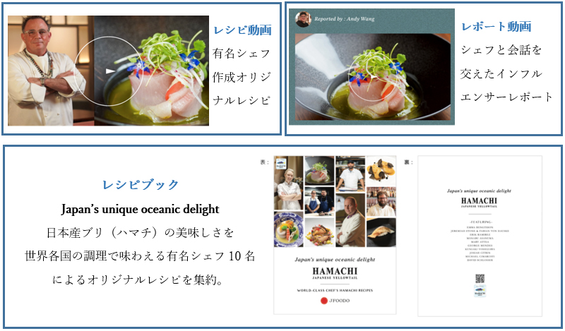 レシピ動画：有名シェフ作成オリジナルレシピ。レポート動画：シェフと会話を交えたインフルエンサーレポート。レシピブック： Japan’s unique oceanic delight. 日本産ブリ（ハマチ）の美味しさを世界各国の調理で味わえる有名シェフ10名によるオリジナルレシピを集約。 
