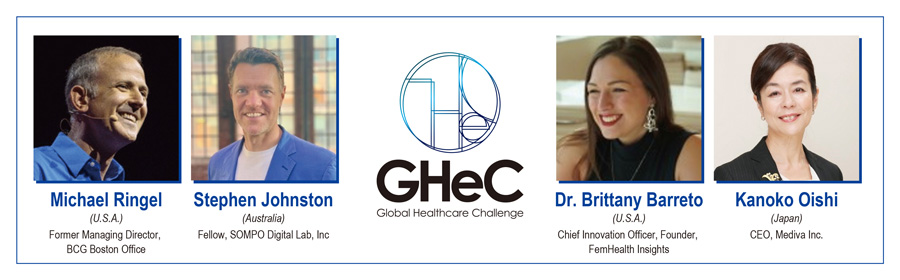 Global Healthcare Challenge(GHeC)のロゴとスピーカー4人:Michael Ringel (U.S.A.) Former Managing Director, BCG Boston Office 、Stephen Johnston (Australia) Fellow, SOMPO Digital Lab, Inc、Dr. Brittany Barreto (U.S.A.) Chief Innovation Officer, Founder, FemHealth Insights 、Kanoko Oishi (Japan) CEO, Mediva Inc.