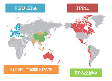 日EU・EPA、TPP11、AJCEP、二国間EPA等及びEPA交渉中の地域を色分けした地図