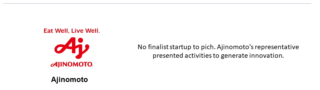 A challenge owner is Ajinomoto. No finalist startup to pich. Ajinomoto's representative will present activities to generate innovation.