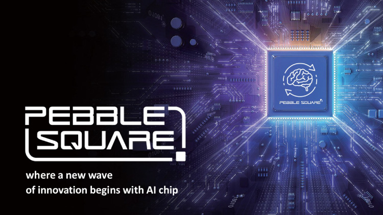 Pebble Square のロゴと発光するAIチップのイラスト。背景には電子基板の回路が広がり、where a new wave of innovation begins with AI chipの文字が表示されている。