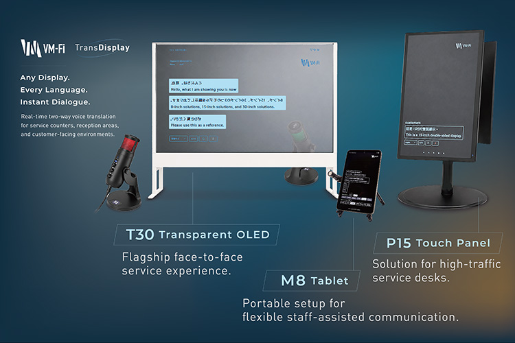 Promotional image for the VM-Fi TransDisplay product lineup featuring the slogan 'Any Display. Every Language. Instant Dialogue.' and a description of a real-time two-way voice translation solution for service counters, reception areas, and customer-facing environments. The image showcases a T30 Transparent OLED displaying translated conversations, an M8 Tablet with a translation messaging interface, a P15 Touch Panel displaying translated text and controls, and a microphone for voice input, presenting an integrated multilingual communication solution for customer interactions.