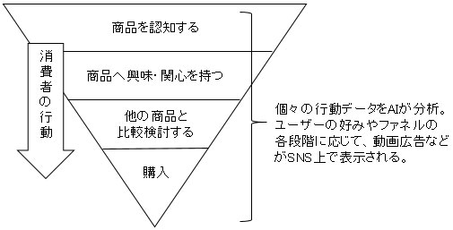消費者の行動の流れでは、商品を認知する。商品へ興味・関心を持つ。他の商品と比較検討する。購入する。の4段階がある。各段階をファネルという。ユーザーの個々の行動データを人工知能(AI)が分析し、ユーザーの好みやファネルの各段階に応じて、動画広告などがSocial Networking Site(SNS)上で表示される。