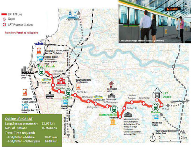 現段階の軽量輸送システム導入計画は、コロンボ中心部のフォート駅からコロンボ郊外のマラベまで16キロを繋ぎ、約1キロ間隔で駅を設置する想定。 
