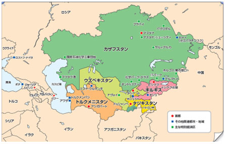 中央アジア5カ国の地図。中央にロシアと中国に挟まれたカザフスタンがあり、その南西にウズベキスタン、トルクメニスタンがある。また、南東にはキルギスタジキスタンがある。