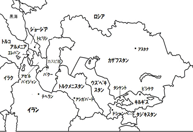 この地図は、ゼルバイジャンの周辺にどのような国があるのかを示しています。アゼルバイジャンの南にはイランがあります。西はアルメニアと国境を接しています。北はジョージア、ロシアとの国境があります。東側はすべてカスピ海に面しています。 そしてカスピ海の対岸にはカザフスタン、トルクメニスタンがあります。また直接 国境は接していませんが、西にトルコ、東にウズベキスタンという大きな人口を抱えた国が近くにあります。