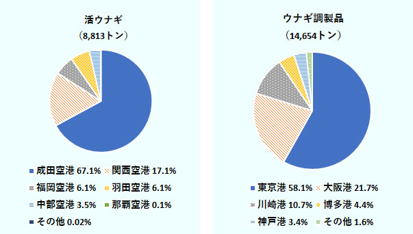 活ウナギの2018年全量が空輸されている。ウナギ調製品の98.4%は船便で輸入されている。