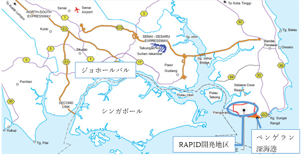 RAPID開発地域の場所を地図上で示す。ジョホール州の南東部ペンゲランに位置し西にシンガポールを望む。南端には深海港のペンゲラン港がある。 