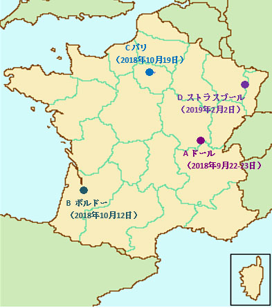 A ドール市は2018年9月22-23日、 B ボルドーは2018年10月12日、Cパリは2018年10月19日、D ストラスブールは2019年2月2日にアンケートを実施。 