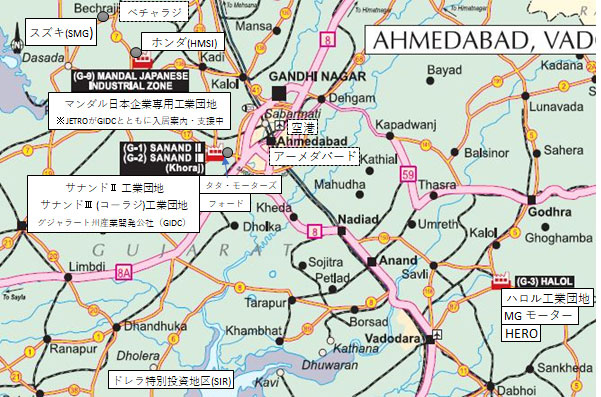 ドレラ特別投資地区とグジャラート州アーメダバード市内及び州内における主要自動車メーカー工場の立地と周辺の工業団地との位置関係を示す地図。 ドレラ特別投資地区（SIR）はアーメダバード市内から約100キロ南西に位置している。 北部にはサナンドⅡ工業団地、サナンドⅢ工業団地、タタモーター、フォードの工場が立地、さらに北方にはマンダル日本企業専用工業団地、ホンダの工場 スズキの工場が立地する。 