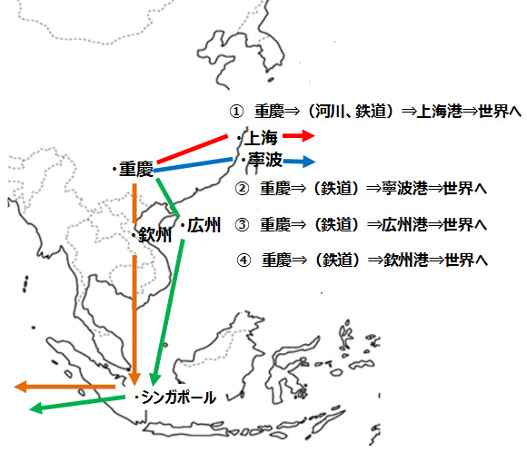シンガポールと中国の企業団が設立した合弁会社、SSCCSが提供する4つの複合一貫輸送サービスは、(1)重慶から河川、または鉄道で上海港へ貨物を運び、そこから海上輸送するルート、(2)重慶から寧波港まで鉄道輸送し、そこから海上輸送するルート、(3)重慶から広州港まで鉄道輸送し、そこから海上輸送するルート、(4)重慶から欽州港まで鉄道輸送し、そこから海上輸送するルート、からなる。