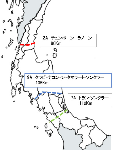 地図で示しているのは、タイ湾とアンダマン海を結ぶ3つの運河計画の位置。 3つのうち、北のほうから、「2A」はチュンポーン～ラノーン間90キロメートル、「9A」はクラビ～ナコン・シ・タマラート・ソンクラー135キロメートル、「7A」はトラン～ソンクラー間110キロメートル。 