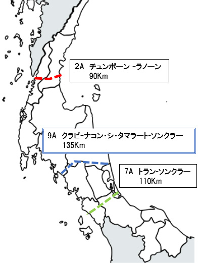 地図で示しているのは、タイ湾とアンダマン海を結ぶ3つの運河計画の位置。 3つのうち、北のほうから、「2A」はチュンポーン~ラノーン間90キロメートル、「9A」はクラビ~ナコン・シ・タマラート・ソンクラー135キロメートル、「7A」はトラン~ソンクラー間110キロメートル。