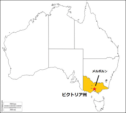オーストラリアの地図とビクトリア州の位置。同州はオーストラリア南東部に位置し、州都はメルボルンである 