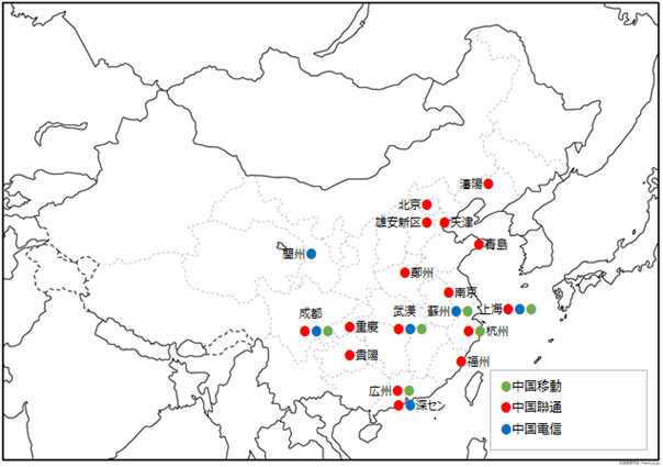 モデル都市およびサービスを提供する通信会社は、北京（中国聯通）、天津（中国聯通）、上海（中国移動、中国聯通、中国電信）、重慶（中国聯通）、瀋陽（中国聯通）、蘭州（中国電信）、鄭州（中国聯通）、南京（中国聯通）、武漢（中国移動、中国聯通、中国電信）、杭州（中国移動、中国聯通）、貴陽（中国聯通）、福州（中国聯通）、広州（中国移動、中国聯通）、青島（中国聯通）、蘇州（中国移動、中国電信）、深セン（中国聯通、中国電信）、雄安新区（中国聯通） 