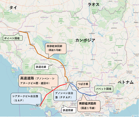 南部経済回廊は、タイ国境のポイペトとプノンペンを約407キロ（約6時間）で結ぶ国道5号線と、プノンペン－ベトナム国境バベット間を約166キロ（約3時間）で結ぶ国道1号線の2路線に大別される。 