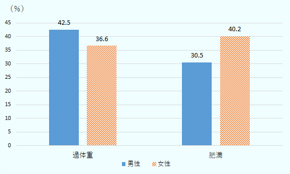 過体重の男性の割合は42.5％、女性の割合は36.6％、肥満の男性の割合は30.5％、女性の割合は40.2％となっている。 