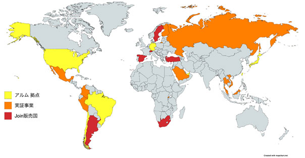 アルムの海外拠点・販売先・実証拠点は、世界23カ国。拠点は、日本・ブラジル・チリ・米国・ドイツ・台湾・UAE。実証事業は、ロシア・フィンランド・メキシコ・コロンビア・ペルー・サウジアラビア・ベトナム・タイ・マレーシア・ルワンダ。Join販売国はアルゼンチン・トルコ・スウェーデン・スイス・スペイン・南アフリカ。 