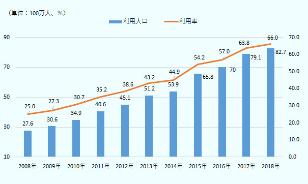  インターネット利用人口は、2008年に760万人。2009年は3060万人。2010年は3490万人。2011年は4060万人。2012年は4510万人。2013年は5120万人。2014年は5390万人。2015年は6580万人。2016年は7000万人。2017年は7910万人。2018年は8270万人。 全人口に対するインターネット利用率は、2008年に25％。2009年は27.3％。2010年は30.7％。2011年は35.2％。2012年は38.6％。2013年は43.2％。2014年は44.9％。2015年は54.2％。2016年は57％。2017年は63.8％。2018年は66％。 