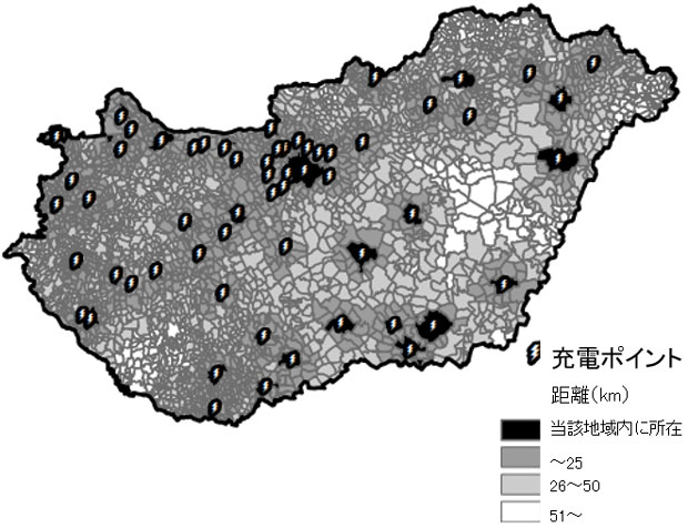 急速充電ポイントが所在する最寄りの地域までの距離を示したマップ。