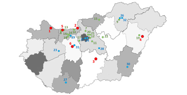 ハンガリー国内のEV関連企業の所在を示したマップ。 