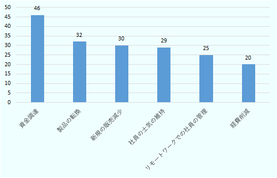 資金調達 46、 製品の転換 32、 新規の販売減少 30、 社員の士気の維持 29、 リモートワークでの社員の管理 25、 経費削減 20 