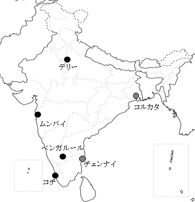 インドの地図にDaily Need Eximの拠点をプロットしている。 現在のインド拠点は、デリー、ムンバイ、ベンガルール、コチの4拠点。今後コルカタ、チェンナイでの増設を計画している。 