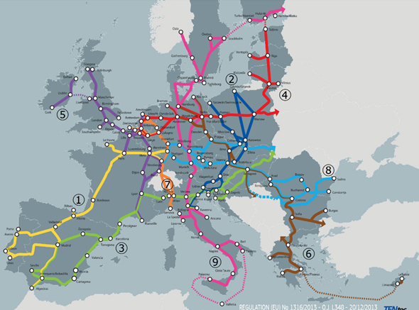 TEN‐T計画において中核ネットワークとして設定されている9つの回廊を示した欧州の地図。1の線は、大西洋回廊を示す。2の線は、バルト～アドリア回廊を示す。3の線は、地中海回廊を示す。4の線は、北海～バルト回廊を示す。5の線は、北海～地中海回廊を示す。6の線は、オリエント～東地中海回廊を示す。7の線は、ライン～アルプス回廊を示す。8の線はライン～ドナウ回廊を示す。9の線は、スカンジナビア～地中海回廊を示す。 
