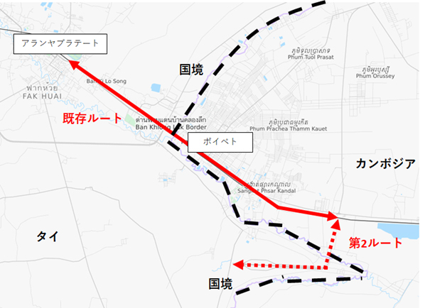 アランヤプラテート=ポイペト間の第2ルートの地図。アランヤプラテート=ポイペト間をつないで北西から南東に国境を越えて伸びるのが既存ルート。その南東側の端から南北→西に伸びるのが第2ルート。