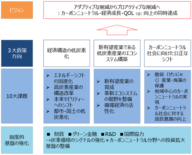 カーボンニュートラルの制度的基盤の強化に関しては、基本的なビジョンを積極的な温室効果ガスの削減に置き「アダプティブな削減からプロアクティブな削減」への移行と、カーボンニュートラル、経済成長、Quality of Life、生活の質の向上の3つの達成を追求する。 このビジョンの達成のため、3大政策の方向を、1経済構造の低炭素化、2新有望産業である低炭素産業のエコシステムの構築、3カーボンニュートラル社会に向けた公正なシフトに定め、3大政策の方向を達成するための10大課題として、1エネルギーシフトの加速化、2高炭素産業の構造改革、3未来モビリティへのシフト、4都市・国土の低炭素化、5新有望産業の育成、6革新エコシステムの裾野の整備、7循環経済の活性化、8脆弱産業、海藻の保護、9地域中心のカーボンニュートラルの実現、10カーボンニュートラル社会に対する国民意識の向上、を掲げている。 政府は、財政、グリーン金融、R＆D、国際協力を通じ、炭素価格のシグナルの強化やカーボンニュートラル分野への投資拡大基盤の整備を行っていく。 