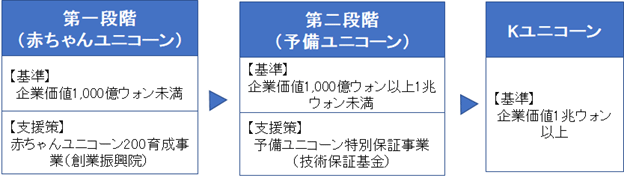 「Kユニコーンプロジェクト」は、 「第一段階（赤ちゃんユニコーン）」 「第二段階（予備ユニコーン）」 「Kユニコーン」の3つの段階で構成されている。「第一段階（赤ちゃんユニコーン）」の基準は「企業価値1,000億ウォン未満」、支援策は「赤ちゃんユニコーン200育成事業（創業振興院）」である。「第二段階（予備ユニコーン）」の基準は「企業価値1,000億ウォン以上1兆ウォン未満」、支援策は「予備ユニコーン特別保証事業（技術保証基金）」である。「Kユニコーン」の基準は「企業価値1兆ウォン以上」である。 