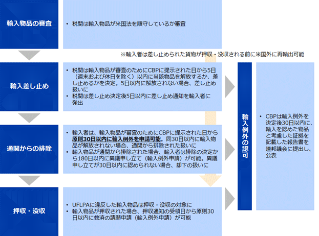 UFLPAに基づく輸入手続きをみると、輸入物品の審査、輸入差し止め、通関からの排除、押収・没収の各段階に分けられる。まず、税関は輸入物品が米国法を順守しているか審査する。税関は輸入物品が審査のためにCBPに提示された日から5日（週末および休日を除く）以内に当該物品を解放するか、差し止めるかを決定する。5日以内に解放されない場合、差し止め扱いになる。税関は差し止め決定後5日以内に差し止め通知を輸入者に発出する。輸入者は、輸入物品が審査のためにCBPに提示された日から原則30日以内に輸入例外を申請可能。同30日以内に輸入物品が解放されない場合、通関から排除された扱いになる。輸入物品が通関から排除された場合、輸入者は排除の決定から180日以内に異議申し立て （輸入例外申請）が可能。異議申し立てが30日以内に認められない場合、却下の扱いになる。UFLPAに違反した輸入物品は押収・没収の対象になる。輸入物品が押収された場合、押収通知の受領日から原則30日以内に救済の請願申請 （輸入例外申請）が可能。CBPは輸入例外を認めた場合、その決定後30日以内に、輸入を認めた物品と考慮した証拠を記載した報告書を連邦議会に提出し、公表する。なお、輸入者は、差し止められた貨物が押収・没収される前に米国外に再輸出可能。 