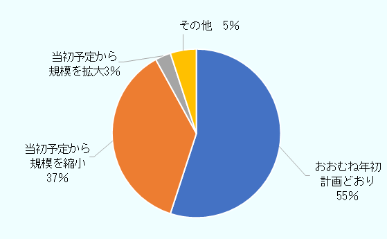 2022年の事業について、「おおむね年初計画通り」が55％、「当初予定から規模を縮小した」が37％、「当初予定から規模を拡大した」が3％、「その他」が5％となった。 