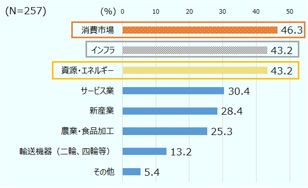 「消費市場」が46.3％とトップだった。次いで「インフラ」（43.2％）、「資源エネルギー」（43.2％）、「サービス業」（30.4％）、「新産業」（28.4％）、「農業・食品加工」（25.3％）、輸送機器（13.2％）、その他（5.4％）という結果になった。 