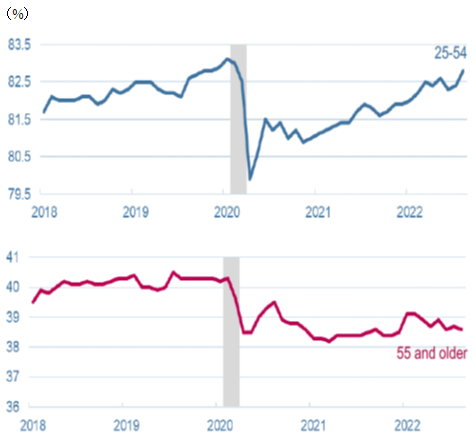 米国の労働参加率について、25－54歳の労働参加率はコロナ前の水準83％程度をほぼ回復したが、55歳以上の労働参加率はコロナ禍以降、コロナ前より約2％低い38％強をほぼ横ばい。 