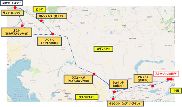 このルートは、ヌル＝ジョリ自動車検問所のあるカザフスタン東部のホルゴスから西方に伸び、同国南部の経済都市アルマトイ、同じく第3の都市シムケントを通り、そこから北西方向に進路を変え、クズルオルダを通って西部のアクトベに至ります。その後、ロシアのオレンブルグに抜ける北寄りの道と、カザフスタンのオラルを経由しロシアのサマラに抜ける南寄りの道に分かれます。 
