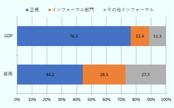 GDPに占める正規部門の比率は76.3％、「インフォーマル部門」の比率は12.4％、「その他インフォーマル」の比率は11.3％。雇用に占める正規部門の比率は44.2％、「インフォーマル部門」の比率は28.5％、「その他インフォーマル」の比率は27.3％。 