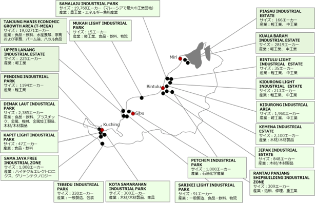 サラワク州の地図。サラワク州北部海外沿いに位置するミリ、ビンツル、シブ、クチンそれぞれのエリア近くに存在する工業団地を20件ほど掲載している。 