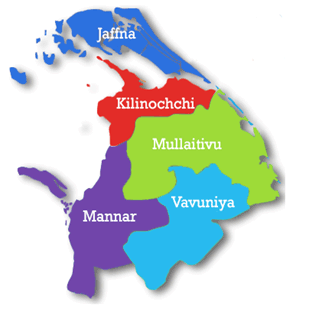 北部州は、ジャフナ、キリノッチ、マンナール、ムライティブ、ヴァヴニヤの5つの県で構成されている。北部州内では、南西にマンナール、南東にヴァヴニヤ、東部にムラティブ、ムラティブの北方にキリノッチ、キリノッチの北方であり、州内の北端にジャフナが位置している。 