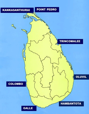コロンボ港は、スリランカ南西部、トリンコマリー港は北東部、ゴール港は南部、カンカザントライ港は北部に位置している。 