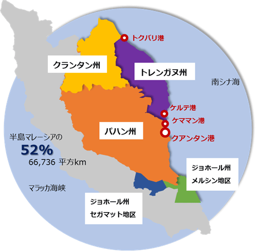 クランタン州、トレンガヌ州、パハン州、ジョホール州メルシン地区、ジョホール州セガマット地区から成り面積は66,736平方キロメートルとマレー半島の52%を占める。南シナ海に面し、トクバリ港、ケルテ港、ケママン港、クアンタン港がある。